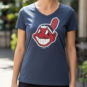 Cleveland Indians The Tribe V Neck T Shirt Womens Small Blue Cotton Blend